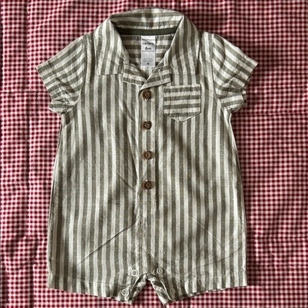 Carter's Olive and White Striped Button-Up Baby Romper
